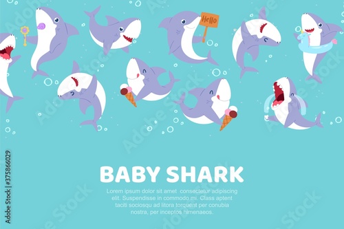 Inscription baby shark, cute banner, nature ocean, sea water poster with predatory fish, design cartoon style vector illustration. Colorful funny fishes, fun kids set, aquatic dangerous wildlife.