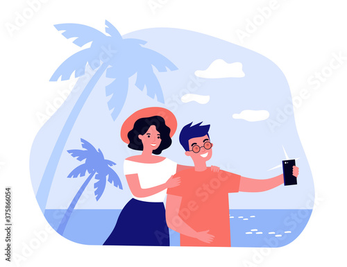 Happy travelling couple taking selfie on mobile phone. Tourists walking on beach and enjoying summer holiday. Vector illustration for honeymoon, vacation, photo concepts