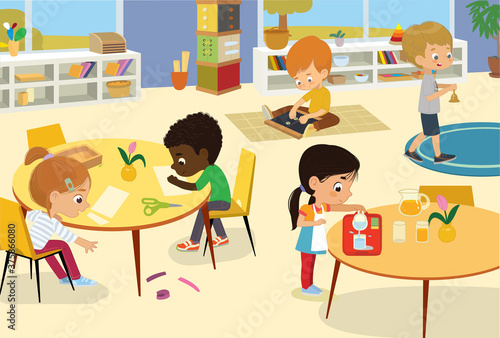 Preschool Class. Illustrations of children in the playroom, boys and girls involved in activities, sew, make a collage, pour water, walking with the bell, and have fun. Kid's game