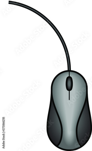 A black and gray computer mouse with two buttons and a scroll wheel.