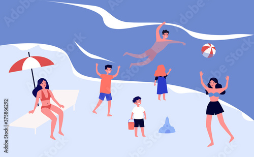 People relaxing on beach. Happy tourists bathing in sea water, getting tan flat vector illustration. Vacation, summer, outdoor activity concept for banner, website design or landing web page