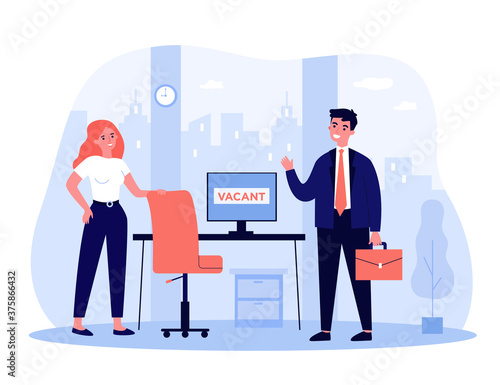 Hiring and employment concept. Employee coming in office for job interview, recruit manager meeting him at empty vacant workplace. For employment, vacancy, recruitment topics