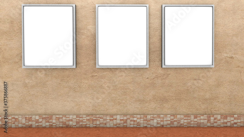 Blank picture frame hanging on the living room wall 3d rendered illustration