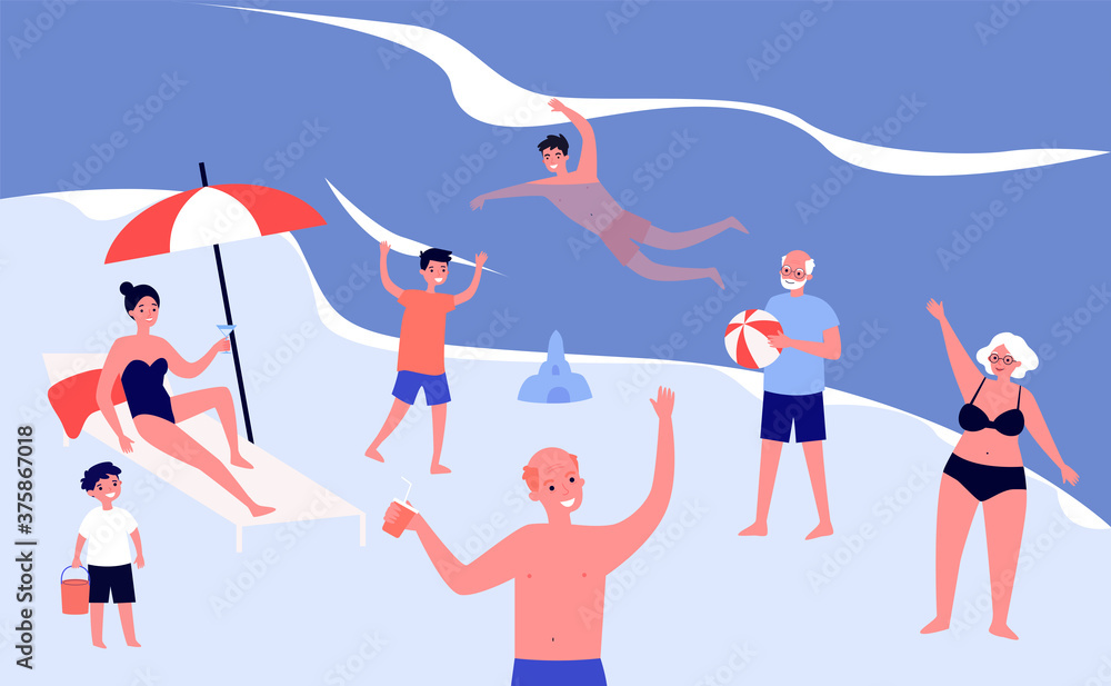 Tourists relaxing on beach. People swimming in sea, playing ball, drinking cocktail flat vector illustration. Vacation, summer, outdoor activity concept for banner, website design or landing web page