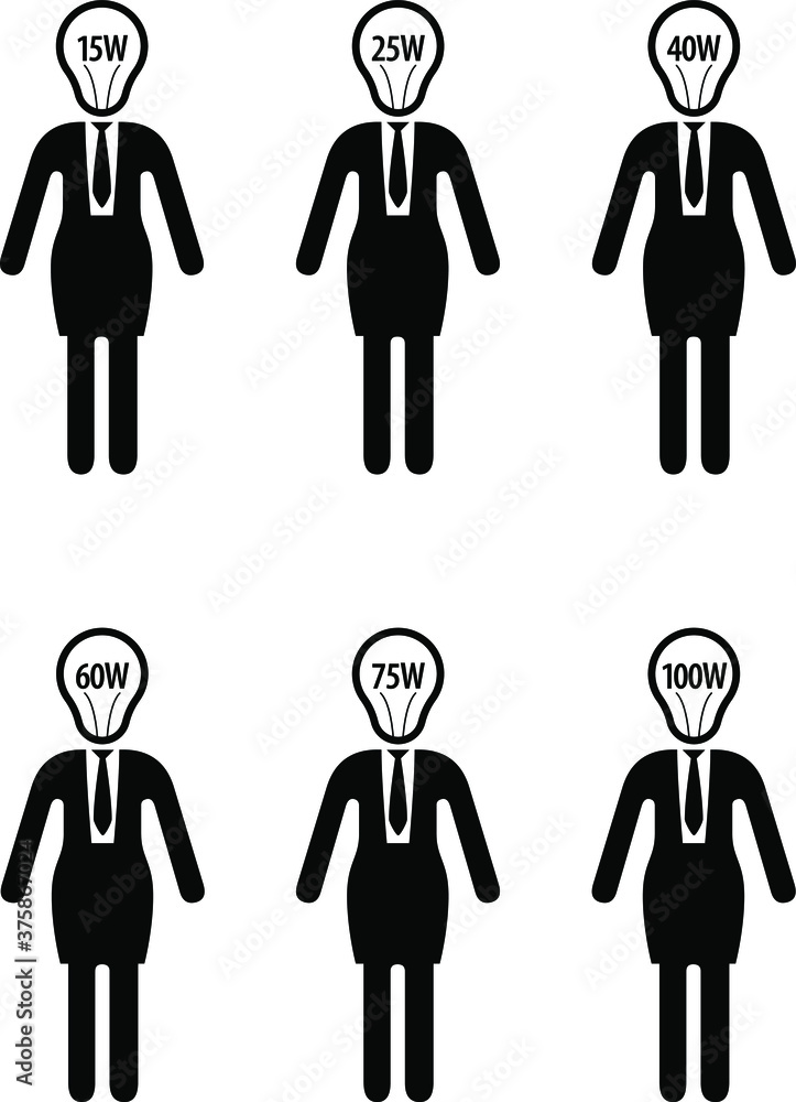 People icons. Female business executive with light bulb heads of different wattage / IQ / intelligence levels. People icons. Female business executive with light bulb heads of different wattage / IQ / intelligence levels.