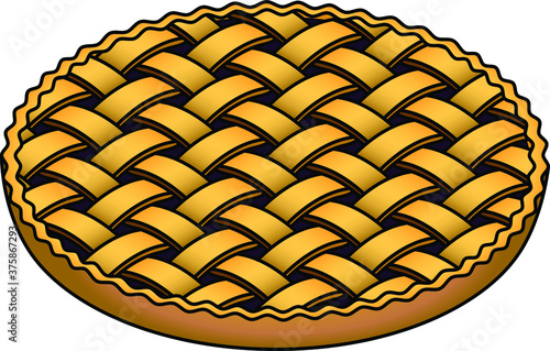 A large blueberry / plum / treacle pie with a woven lattice pattern.