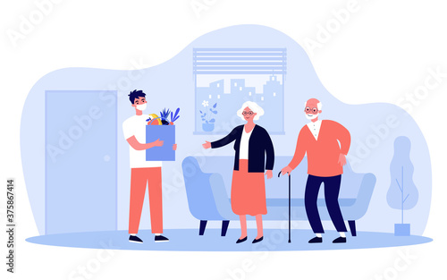 Male courier wearing mask delivering parcel with products to senior people home. Old couple ordering food from supermarket. Vector illustration for virus, epidemic, lockdown concept