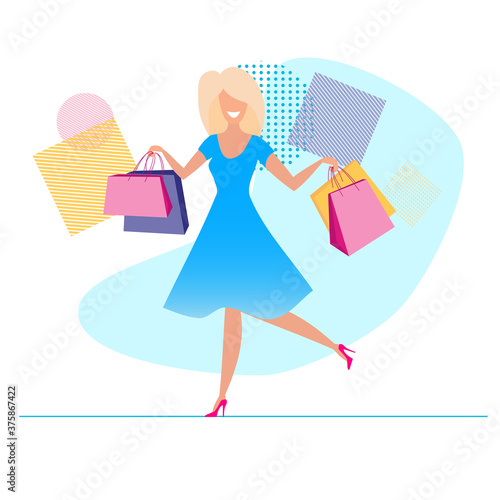 Flat Vector illustration Happy girl with a purchase.