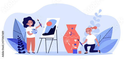 Happy artistic school students. Kids painting picture and decorating clay vase flat vector illustration. Drawing studio, workshop concept for banner, website design or landing web page