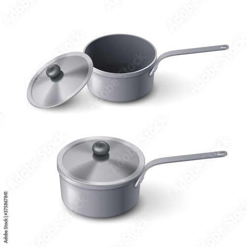 Two Steel Saucepans with Lid. Illustration on a White Background for Your Web Mobile App Logo Design