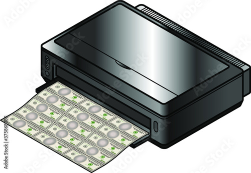 A large format inkjet printer printing money / bank notes. Concept: economy, counterfeiting, value of money. US dollar notes.