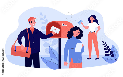 People receiving and reading marketing newsletter. Postman placing envelope into mailbox. Vector illustration for mail service, advertising, post, communication concepts
