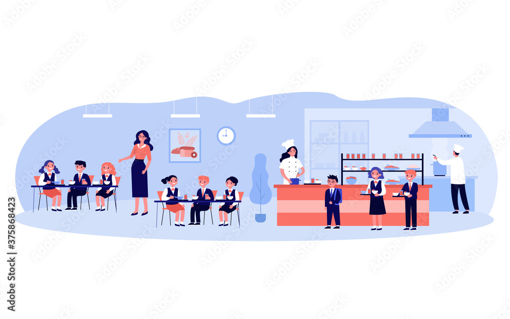 Children having lunch in school canteen. Boys and girls in uniforms eating in cafeteria or dining hall. Vector illustration for food, school kitchen, catering, service concept