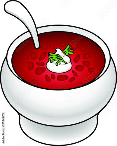 A white ceramic soup tureen of red beetroot borscht, a dollop of cream, and dill.