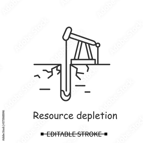 Industrial drilling icon. Oil extraction with derrick linear pictogram. Concept of resource depletion, mineral digging, ecosystem and global environment danger. Editable stroke vector illustration