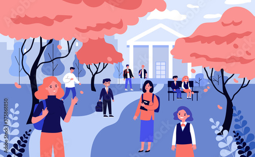 Students in schoolyard. Children and teenagers walking among red trees and school building flat vector illustration. Autumn, back to school concept for banner, website design or landing web page
