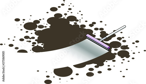 A window cleaning squeegee with a sponge and rubber drying blade. Cleaning a swathe through a spatter of grime.
