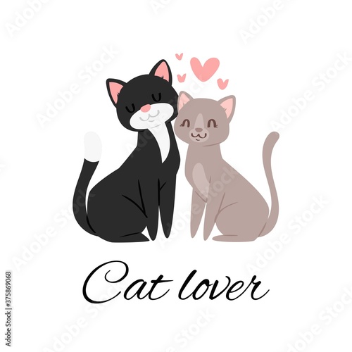 Cat lover lettering vector illustration. Cartoon flat cute happy cats sitting together with pink loving hearts, little pets on romantic dating, Valentine day celebration design isolated on white