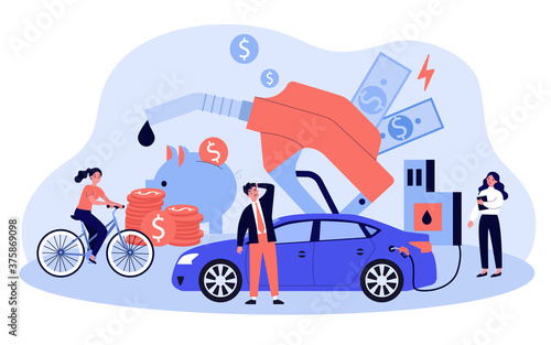 Drivers spending too much money for gasoline. Price of car fuel going up, people riding bike. Vector illustration for economy, finance, budget, car driving concept