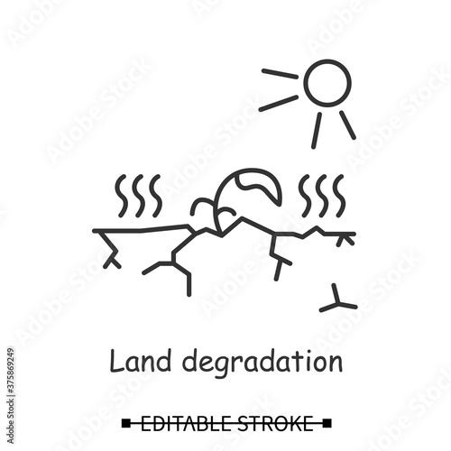 Soil eruption icon.Plant suffering drought and land degradation linear pictogram.Concept of farming and agriculture dangers, irrigation problem and food production. Editable stroke vector illustration