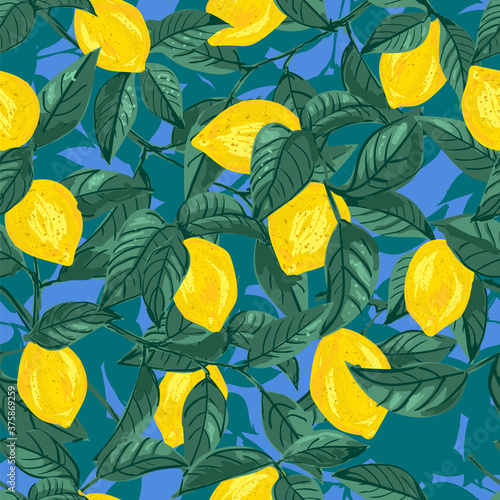 Seamless background with lemons and leaves. Citrus tropical fruits hand drawn on a bright blue background. Botanical vector illustration for printing onto fabric, packaging and wallpaper