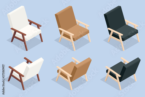 Isometric set of icons wooden comfortable armchair in white, brown and black colors.