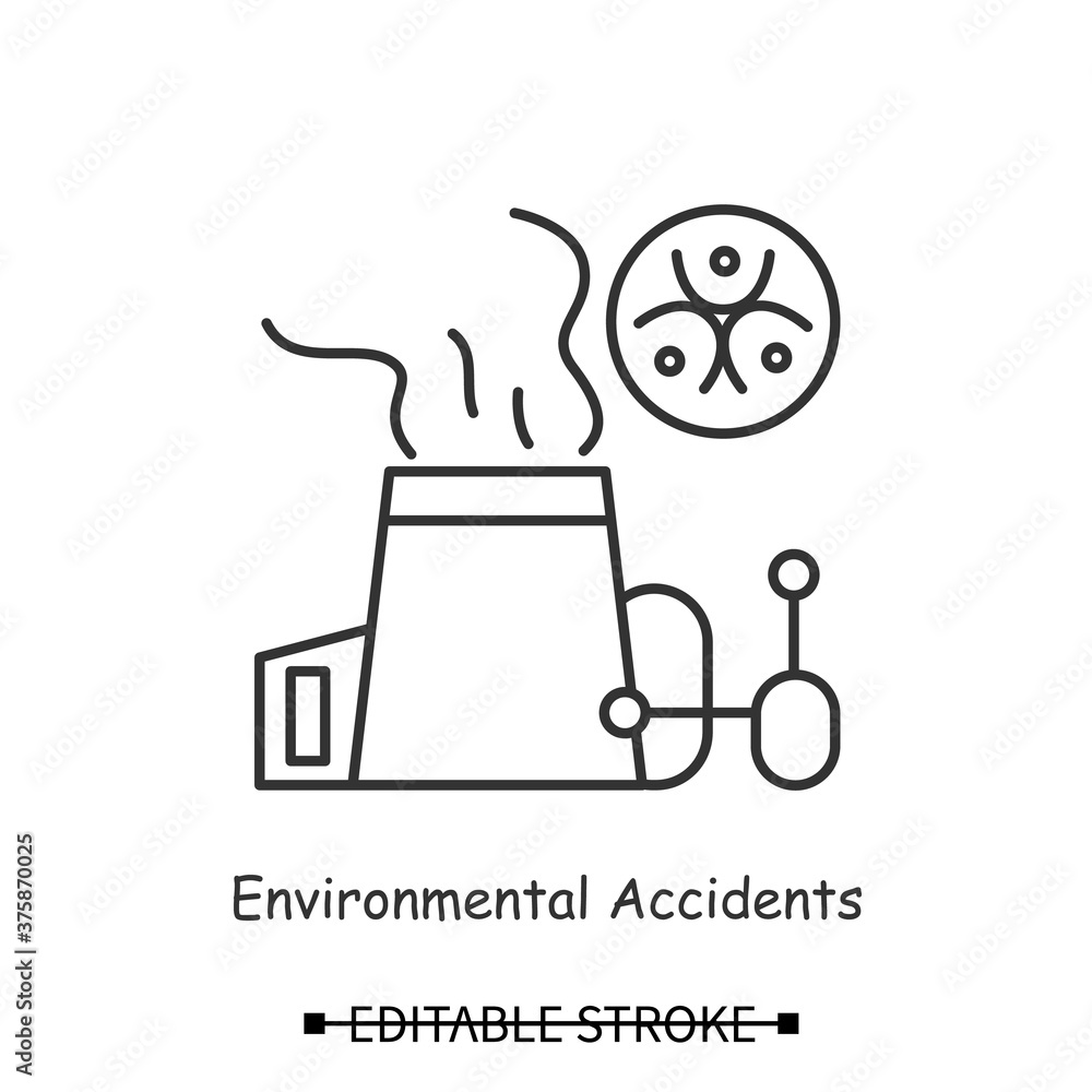 Carbon emissions icon. Power plant chimney with bio hazard linear pictogram. Concept of hazardous accidents, greenhouse effect and co2 pollution control. Editable stroke vector illustration Carbon emissions icon. Power plant chimney with bio hazard linear pictogram. Concept of hazardous accidents, greenhouse effect and co2 pollution control. Editable stroke vector illustration