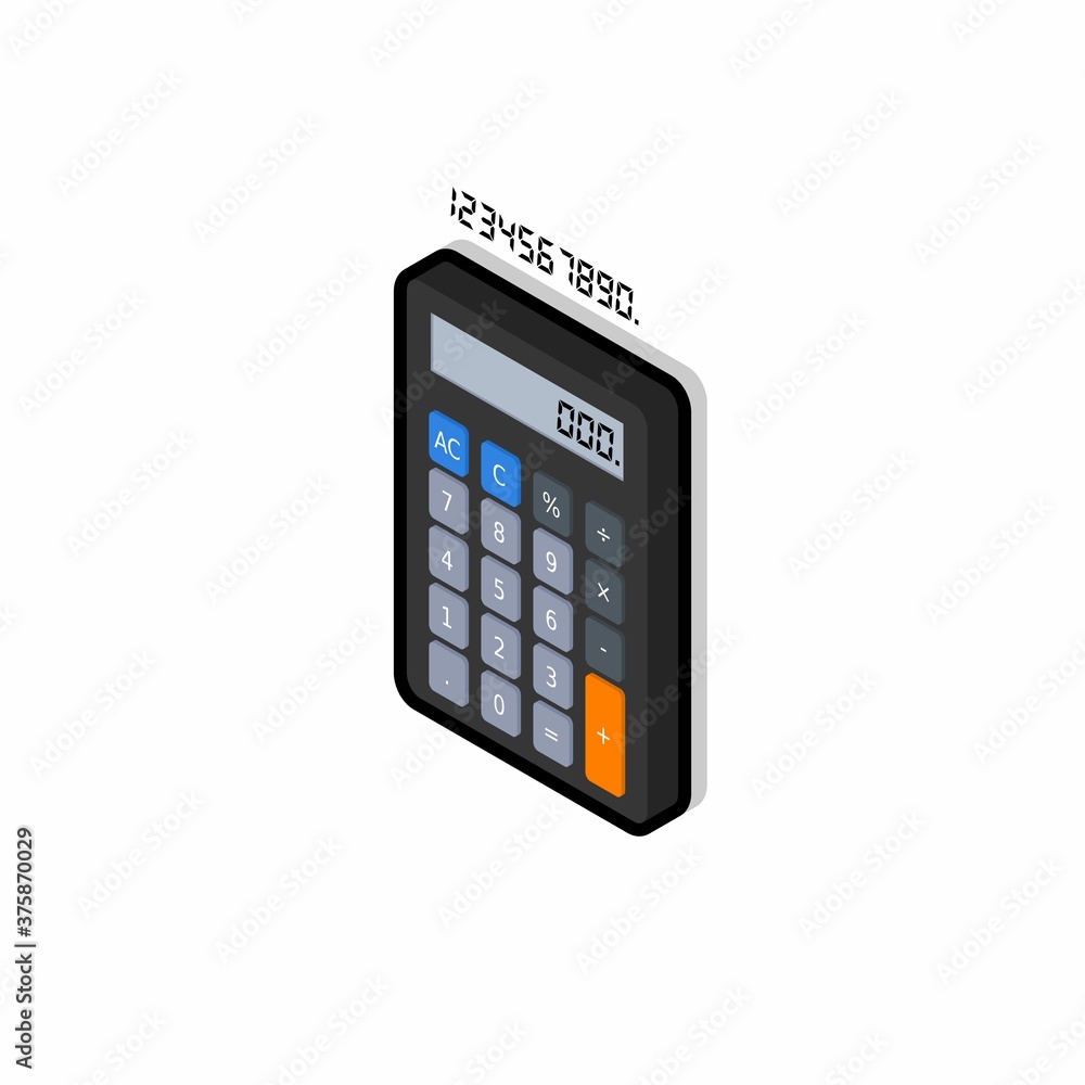 Calculator and Digital number left view Black Stroke and Shadow icon vector isometric. Calculator and Digital number left view Black Stroke and Shadow icon vector isometric.
