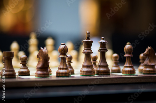 Chessboard with pawns and great depth of field
