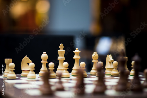 Chessboard with pawns and great depth of field 