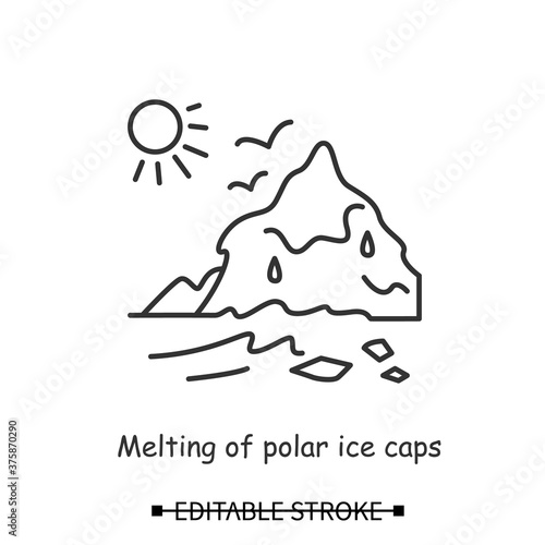 Ice caps melting icon. Polar iceberg with sun linear pictogram. Concept of human impact on North pole glaciers, climate change and sea level rising. Editable stroke vector illustration