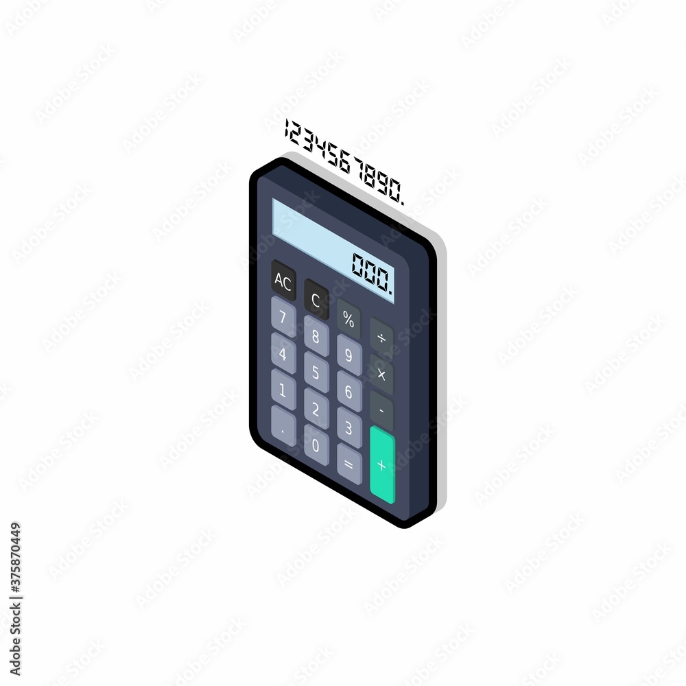 Calculator and Digital number left view Black Stroke and Shadow icon vector isometric. Calculator and Digital number left view Black Stroke and Shadow icon vector isometric.
