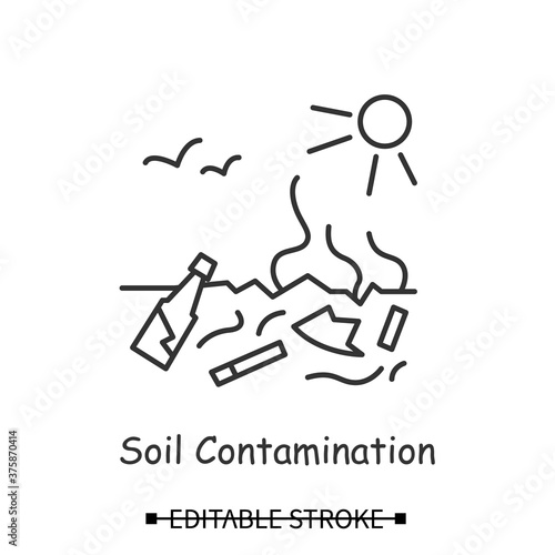 Soil pollution icon. Burried toxic plastic contaminating ground line pictogram. Concept of land degradation, responsible resources usage and garbage dumps problem. Editable stroke vector illustration