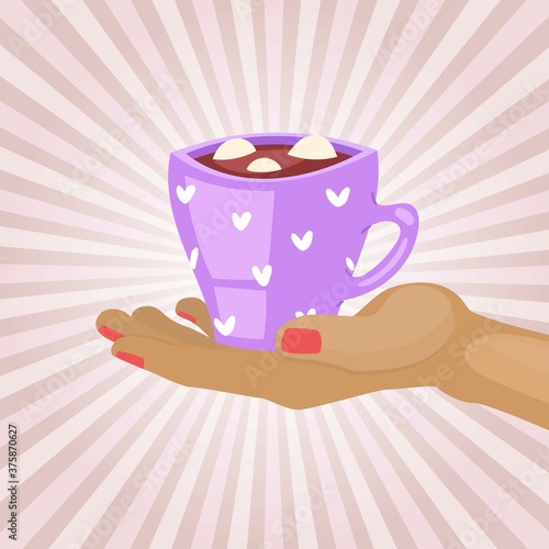Breakfast concept, warm morning coffee, hot drink, aroma cappuccino, hold warm mug, design, cartoon style vector illustration. Break your hand cup tea, relax comfortably, cute drawing design.