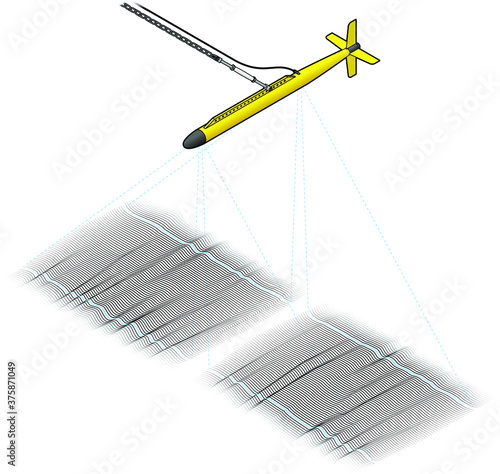 A side scan sonar tow fish. With dashed lines showing sonar coverage.