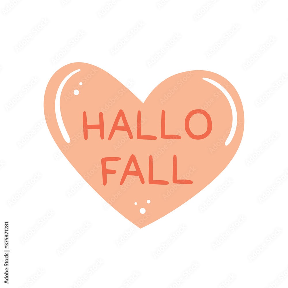 Hello Fall. Little pink heart. Flat design. Autumn illustration, element. Flat vector design. Isolated on white background.