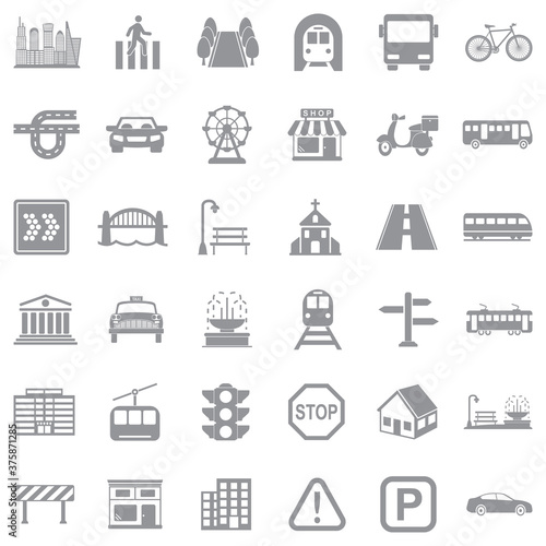 City Icons. Gray Flat Design. Vector Illustration.