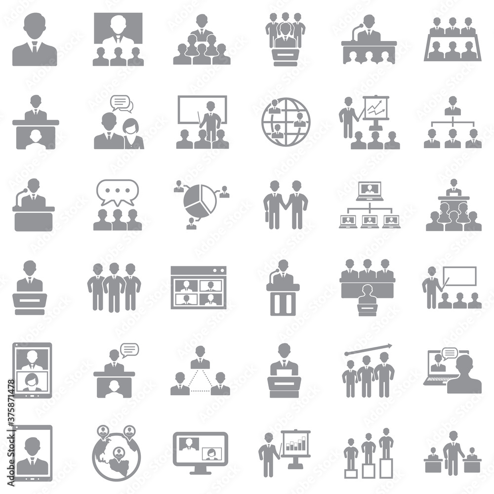 Conference, Business And Management Icons. Gray Flat Design. Vector Illustration.