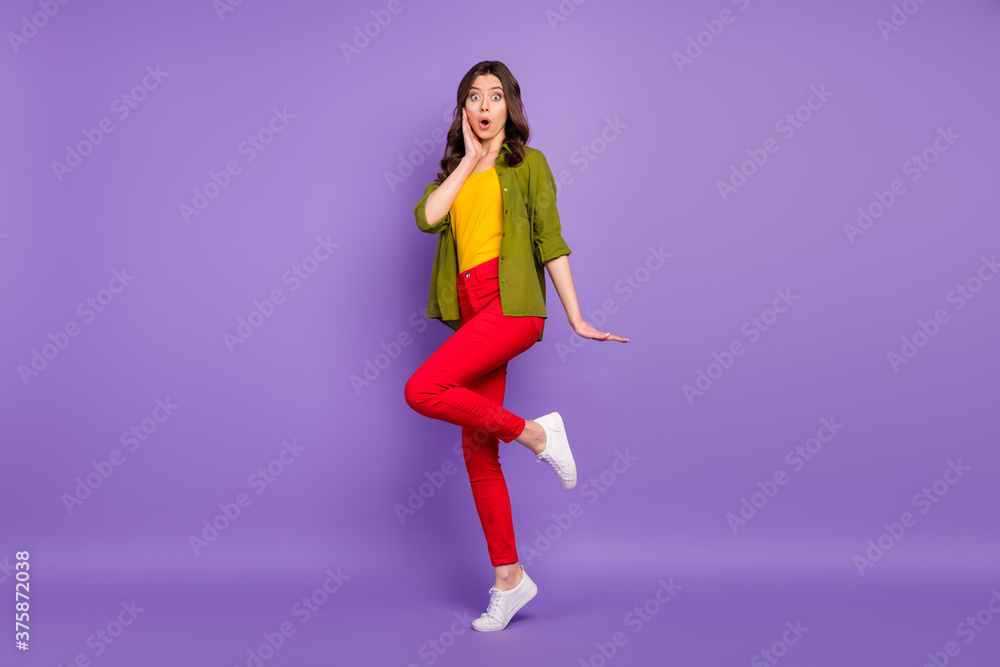 Full length body size view of her she nice-looking attractive pretty amazed cheerful wavy-haired girl posing pout lips isolated on bright vivid shine vibrant lilac violet purple color background