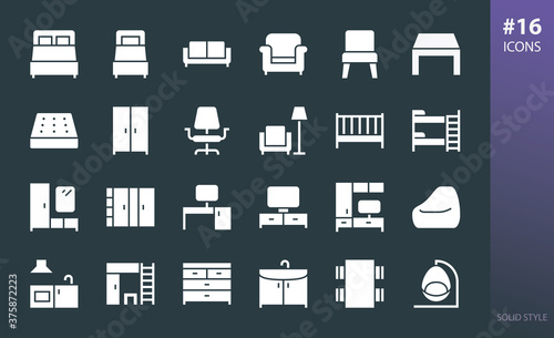 Furniture solid icon set. Set of furniture for home, bedroom, living room, office, hallway, kitchen, children's room glyphs vector icons