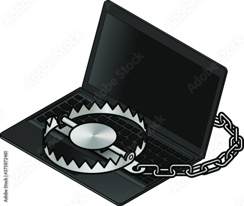 Online scam / trojan / malware / phishing concept. Laptop computer with a bear trap on the keyboard.