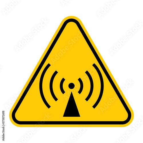Non-ionizing radiation hazard sign. Illustration of yellow triangle warning sign with transmitter inside. Attention. Danger zone. Caution electromagnetic field.