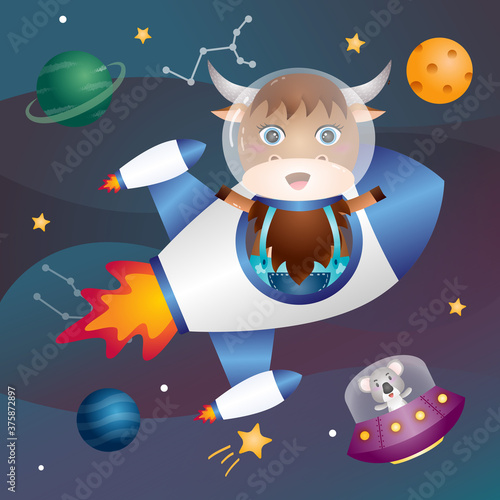 a Cute buffalo in the space galaxy