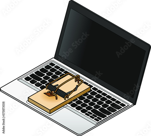 Online scam / trojan / malware / phishing concept. Laptop computer with a mouse trap on the keyboard.