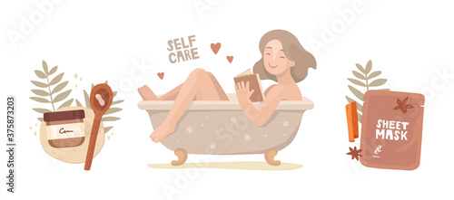 Set of vector illustrations, bundle. The girl takes bath and reads a book. Handwritten lettering self-care. Cosmetic packaging and tropical leaves. Face sheet mask and cream. Home spa treatments.