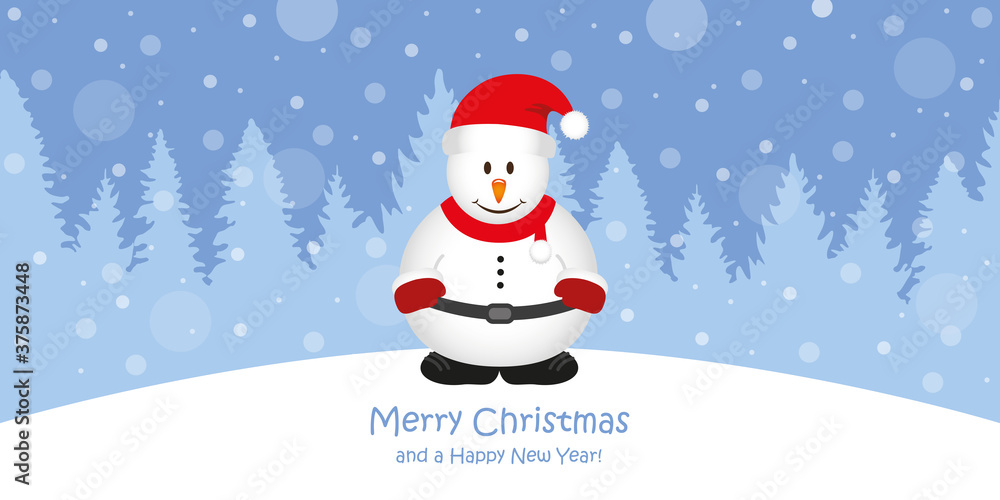 cute christmas greeting card with snowman on snowy forest landscape vector illustration EPS10