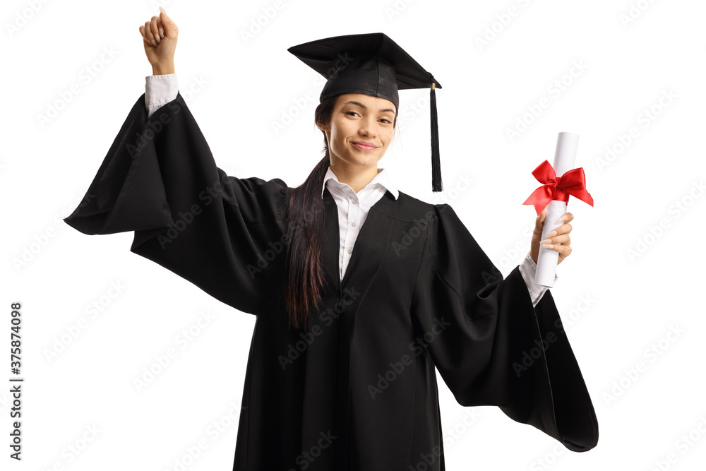 Happy female srudent in a graduation gown holding a diploma and gesturing with hand Happy female srudent in a graduation gown holding a diploma and gesturing with hand