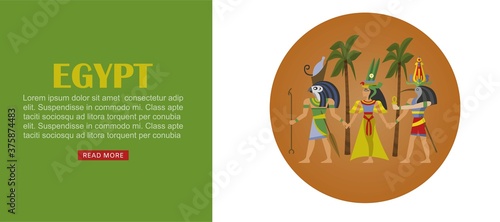 Egypt travel banner, architecture design culture, ancient egyptian landmark, famous history, cartoon style vector illustration. Desert pharaoh building, pictured poster pyramid, landscape element.