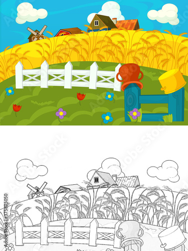 cartoon ranch farm scene with sketch illustration