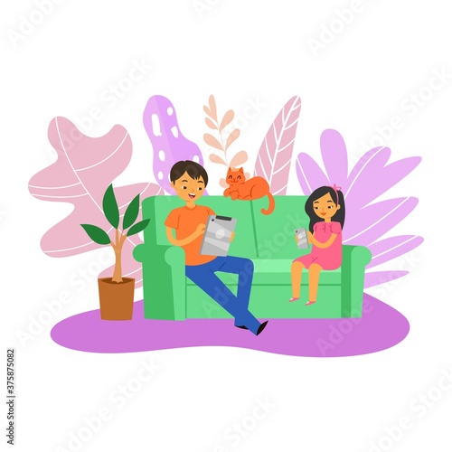Family game gadgets, fun people, happy nearby, young father playing child together, design cartoon style vector illustration. Mobile leisure, modern technology concept, adult cute dad relaxing at home